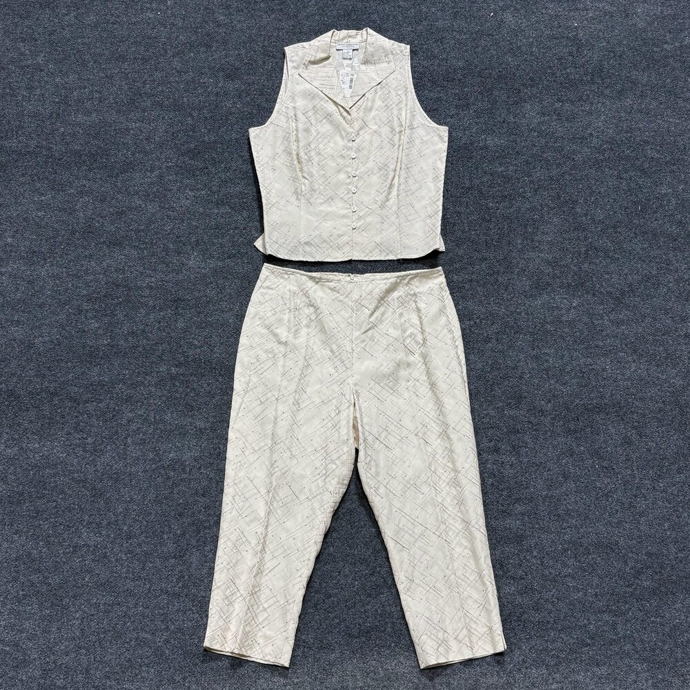 Gruppo Americano 2 Piece Pants Vest Set Womens 16 Beige Silk Linen Geometric